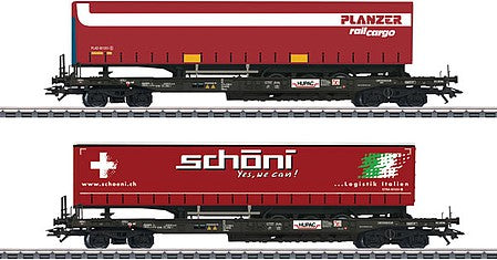 Marklin 47115 HO Scale Type Sdgkkmms Deep-Well Flatcar with Load 2-Pack - 3-Rail - Ready to Run -- Hupac (Era VI, black, Planzer and Schoni Canvas Trailers)