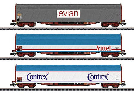 Marklin 47118 HO Scale Type Rils Sliding Tarp Car 3-Pack - 3-Rail - Ready to Run -- 1 Each: Evian, Vittel, Contrex (Eras IV and V)