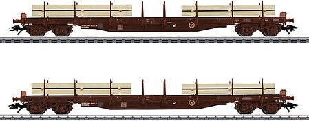 Marklin 47150 HO Scale Type Rs Series 390 8 Flatcar with Stakes, Lumber Loads - 3-Rail - Ready to R -- Austrian Federal Railways OBB (Era IV 1980s, Boxcar Red)