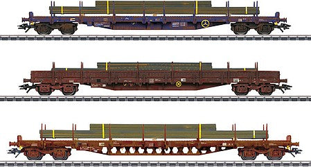 Marklin 47160 HO Scale Type Rnss, Rs and Res Stake Flatcars with Steel Loads - 3-Rail - Ready to Ru -- Luxembourg State Railways CFL (Era VI 2019, 2 Boxcar Red, 1 Blue)