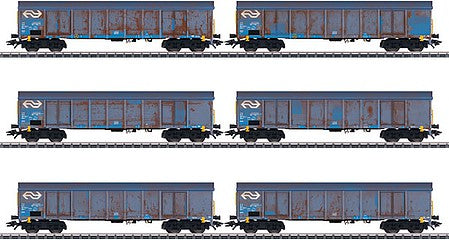Marklin 47189 HO Scale Type Ealnos 201 High-Side Gondola, Wood Chip Loads 6-Pack, 3-Rail - Ready t -- Dutch Railways NS (Weathered, Era V, blue, white)