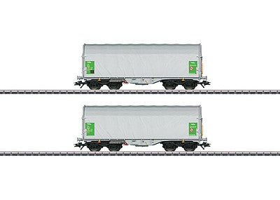 Marklin 47217 HO Scale Type Shimmns Sliding Tarp Flatcar 2-Pack - 3-Rail Ready to Run -- Green Cargo (Era VI 2011, gray, green)