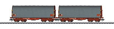 Marklin 47218 HO Scale Type Shimmns 718 Sliding Tarp Flatcar 2-Pack - 3-Rail - Ready to Run -- French National Railways SNCF (Era VI, Boxcar Red, gray tarp)