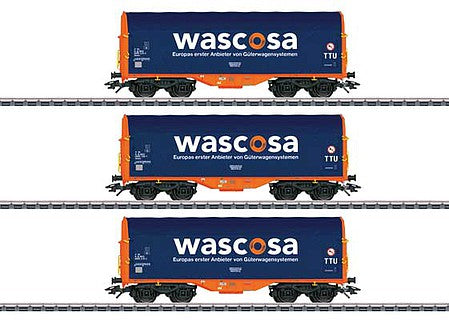 Marklin 47223 HO Scale Type Shimmns Sliding-Tarp Flatcar 3-Pack - 3-Rail - Ready to Run -- Wascosa (Era VI 2020, blue, orange, white)