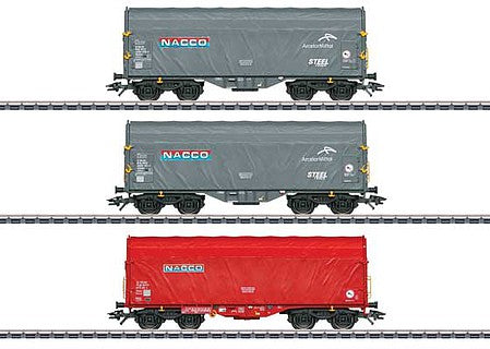 Marklin 47224 HO Scale Type Shimmns Sliding-Tarp Flatcar 3-Pack - 3-Rail - Ready to Run -- NACCO (Era VI 2021, 2 gray, 1 red)