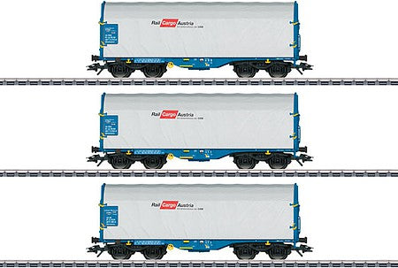 Marklin 47225 HO Scale Type Shimmns Sliding Tarp Car 3-Pack - 3-Rail - Ready to Run -- Rail Cargo Wagon (Era VI 2020, blue, white, red)