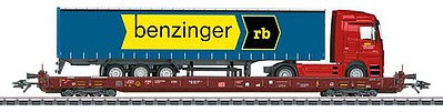 Marklin 47424 HO Scale Type Saadkms 690 Rolling Road Flatcar w/Semi Load - 3-Rail Ready to Run -- German Railroad DB AG 81 80 498 3 051-1 (Era V, Boxcar Red)