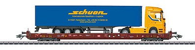 Marklin 47427 HO Scale Type Saadkms 690 Rolling Road Flatcar w/Semi Load - 3-Rail Ready to Run -- German Railroad DB AG 81 80 498 3 186-5 (Era V, Boxcar Red)