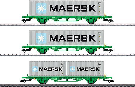 Marklin 47726 HO Scale Type Lgns Container Sdgmns Flatcar with Container 3-Pack - 3-Rail - Ready to R -- Swedish State Railways SJ (Era VI 2019, green, Maersk Containers)