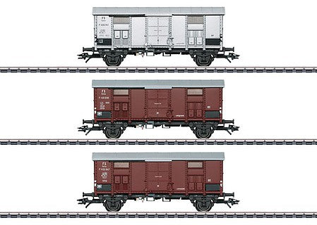 Marklin 47870 HO Scale Type F 2-Axle Boxcar 3-Pack - 3-Rail - Ready to Run - Exclusiv -- Italian State Railways FS (Era III 1950s, 2 Boxcar Red, 1 gray-silver)