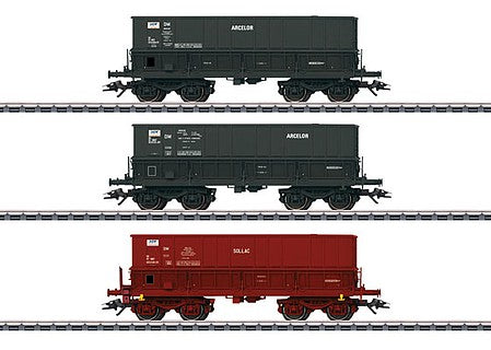 Marklin 48436 HO Scale Type Fad Four-Axle Ore Car 3-Pack - 3-Rail - Ready to Run -- 2 Arcelor (black) and 1 Sollac (Boxcar Red), Era V 2002