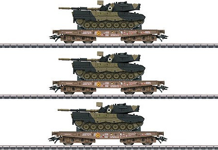 Marklin 48795 HO Scale Type Slmmps Heavy-Duty Flatcar with Leopard Tank 3-Pack - 3-Rail - Ready to Ru -- Danish State Railways DSB (Era V, Boxcar Red, Danish Army Tanks)