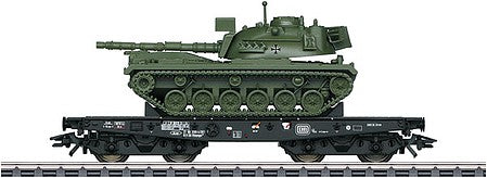 Marklin 48796 HO Scale Type Rlmmps 650 Heavy-Duty Flatcar with M-48 Tank - 3-Rail - Ready to Run -- German Federal Railroad DB 1 (Era IV, black, German Army Tank)