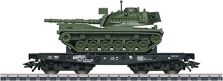 Marklin 48798 HO Scale Type Rlmmps 650 Heavy-Duty Flatcar with M-48 Tank - 3-Rail - Ready to Run -- German Federal Railroad DB 2 (Era IV, black, German Army Tank)