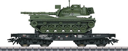 Marklin 48799 HO Scale Type Rlmmps 650 Heavy-Duty Flatcar with M-48 Tank - 3-Rail - Ready to Run -- German Federal Railroad DB 3 (Era IV, black, German Army Tank)