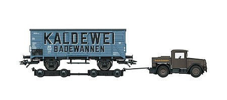 Marklin 48822 HO Scale Type G 10 Kaldewei Boxcar with Tractor and Road Rollers - 3-Rail - Exclusiv -- German Federal Railroad DB 111 105 G 10 (Era III 1952, blue, black)