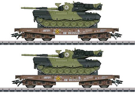 Marklin 48842 HO Scale Type Slmmps Heavy-Duty Flatcar, Leopard Tank 2-Pack - 3-Rail - Ready to Run -- Danish State Railways DSB (Era V, Boxcar Red)