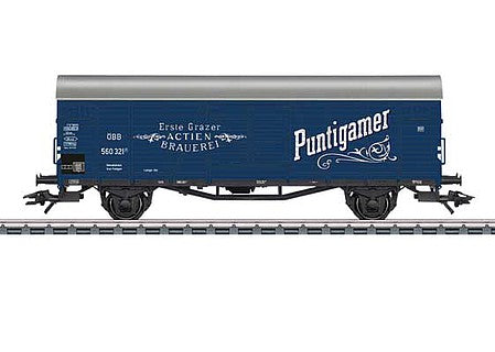 Marklin 48939 HO Scale Beer Refrigerator Car - 3-Rail - Ready to Run -- Puntigamer (Era III 1960s, rblue, white, silver)