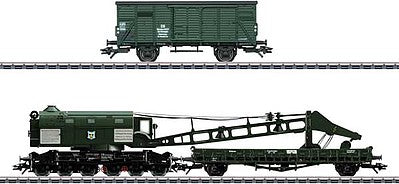 Marklin 49570 HO Scale Ardelt 57 Metric Ton Steam Crane, Tender, Tool Cars - 3-Rail - Ready to Run -- German Federal Railroad DB (Era III 1958, green)