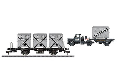 Marklin 58472 1:32 Scale Type BT 10 Container Flatcar w/LCL Container Load & Truck - 3-Rail Ready to Ru -- German Federal Railroad DB (Era III, black w/gray Containers)