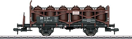 Marklin 58726 I Scale Acid Transport Flatcar with Containers - Ready to Run -- VEB ECK Bitterfeld 541 817 P (Era IV 1970, black, Boxcar Red)