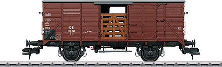 Marklin 58945 I Scale Type G 10 Boxcar with Livestock Load and Ramp - Ready to Run -- German Federal Railroad DB 117 228 (Era IIIb, Boxcar Red, gray)