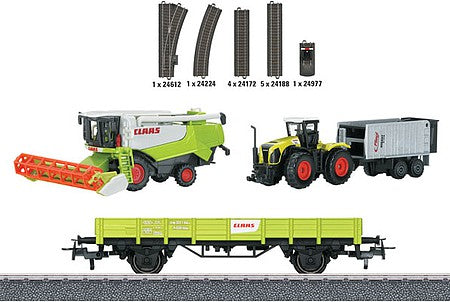 Marklin 78652 HO Scale Farming Train Low-Side Car, Machinery and Track Extension Set - 3-Rail -- Claas (green, white, red)