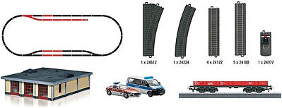 Marklin 78752 G Scale German Federal Railroad DB Fire Station Theme Extension Set - Ready to Run -- Type Rlmms Low-Side Car w/Emergency Vehicle Load, Turnout & Track (red)