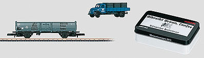 Marklin 80024 Z Scale High-Side Gondola w/Flagstone Load - Ready to Run - 2013 Marklin Museum Car -- Albrecht Braun (gray, German Lettering) Includes Magirus Truck