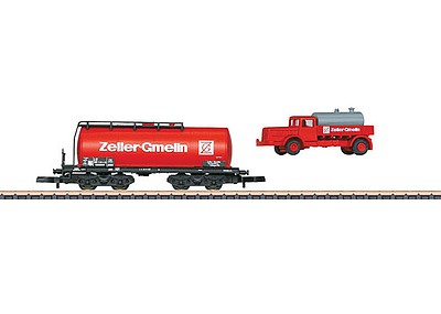Marklin 80027 Z Scale 4-Axle Tank Car & Bussing Fuel Truck Set - Ready to Run -- 2016 Marklin Museum, Zeller + Gmelin (Era IV 1970s, red)