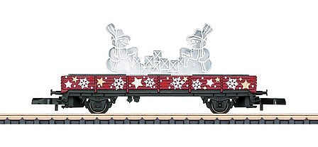 Marklin 80629 Z Scale Low-Side Flatcar - Ready to Run -- 2019 Christmas Car (red, snowflakes and snowmen in car)