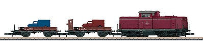 Marklin 81699 Z Scale Light Freight Train-Only Set - Standard DC -- German Federal Railroad DB (Era III) V 100.20 Diesel, 2 X 05 Low-Side Gondol