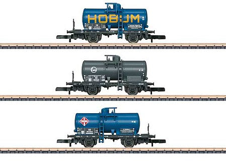 Marklin 82326 Z Scale Era III 2-Axle Tank Car 3-Pack - Ready to Run -- 1 Each: HOBUM (blue), Eva (gray) and Thorl (blue)