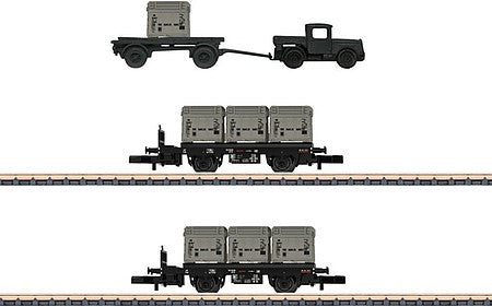 Marklin 82329 Z Scale Door-to-Door BT 10 Container Flat 2-Pack with Delivery Truck - Ready to Run -- German Federal Railroad DB (Era III 1950s-60s, black, gray containers)