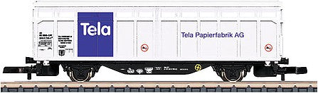 Marklin 82384 Z Scale Type Hbbins Sliding-Wall Boxcar - Ready to Run -- Tela Schweiz (Era V 1990s, white, blue)