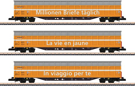 Marklin 82417 Z Scale Type Habbiillnss Sliding-Wall Boxcar 3-Pack - Ready to Run -- Swiss Post (Era VI 2016, yellow, white, gray)