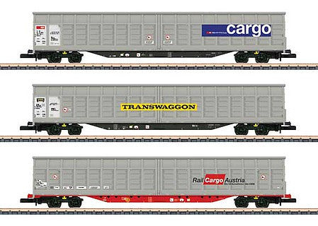 Marklin 82418 Z Scale Type Habbiillnss Sliding-Wall Boxcar 3-Pack - Ready to Run -- 1 Each Transwaggon, SBB Cargo, Rail Cargo Austria (Era VI 2021, gray)