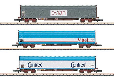 Marklin 82427 Z Scale Type Rils Sliding Tarp Car 3-Pack - Ready to Run -- 1 Each: Evian (gray), Vittel (blue, white), Contrex (blue, white) (Era V)