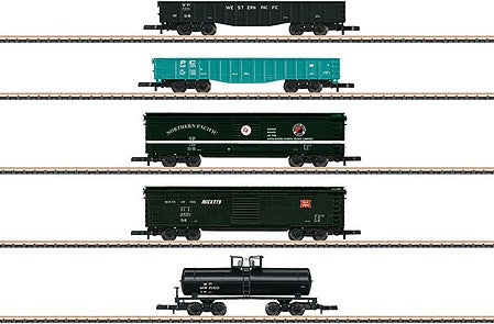 Marklin 82498 Z Scale North American 2 Boxcar, 2 Gondola and Tank Car Set - Ready to Run -- Boxcars: NP, RI; Gondolas: PC, WP; Tank Car: WP