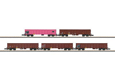 Marklin 82540 Z Scale Type Eanos Gondola 5-Pack & Sugar Beet Loader Laser-Cut Kit - Ready to Run -- Swiss Federal Railways SBB (Era VI, 4 Boxcar Red, 1 pink)