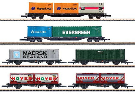 Marklin 82665 Z Scale 6-Car Container Car Set with Loads - Ready to Run -- German Railroad DB AG (Era V, black, Mixed Container Scnemes and Types)
