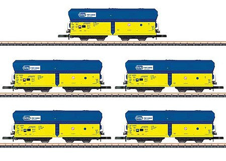 Marklin 86311 Z Scale Type Falns Hopper with Coal Load 5-Pack - Ready to Run -- Polish State Railroad PKP (Era VI, yellow, blue)