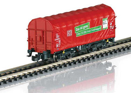 Marklin 86356 Z Scale Type Shimmns-tu 718 Sliding Tarp Flatcar 2-Pack - Ready to Run -- DB Cargo Business Area (Era VI, red, 1 with Green Ad)