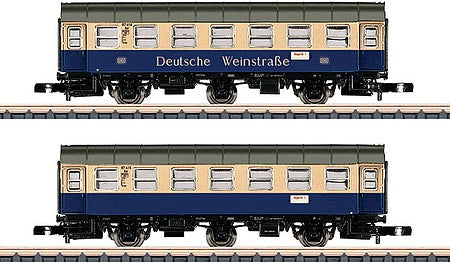Marklin 87073 Z Scale Type WG3yge 2nd Class Paired Coaches - Ready to Run -- German Federal Railroad DB (Era IV 1980, ivory, blue, Deutsche Weinstrasse A