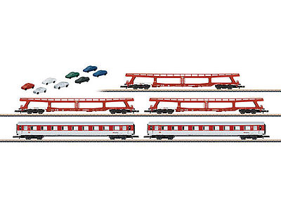 Marklin 87092 Z Scale DB Auto Train 5-Car Set - Ready to Run -- 3 DDm 915 Auto Carriers & 2 Avmz Compartment Cars (Era V, red, white)
