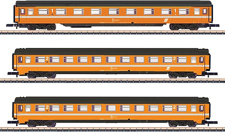 Marklin 87343 Z Scale Eurofima Type Amoz 1st Class and 2 Type Bmoz 2nd Class Set - Ready to Run -- Austrian Federal Railways OBB (Era IV, orange, white, black)
