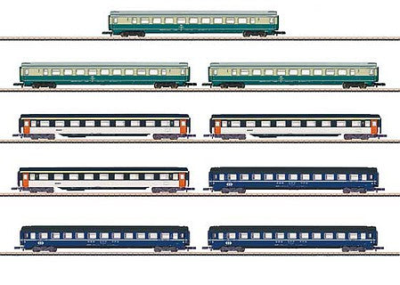 Marklin 87408 Z Scale Eurofima Passenger 9-Car Set - Ready to Run - Exclusiv -- DB, SBB, SNCF (Era IV, 1979-82, various schemes)