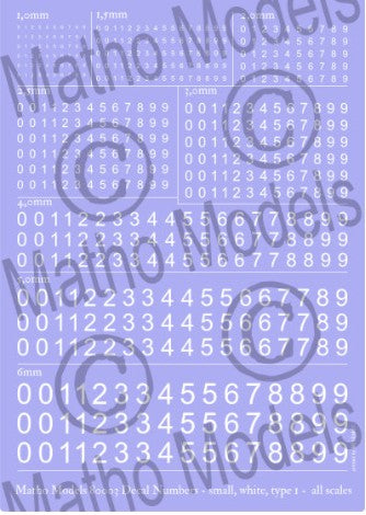 Matho Models 80003 Multi-Scale White Small Type 1 Numbers Decal