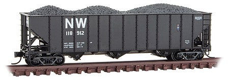 Micro Trains Line 10800422 N Scale 100-Ton 3-Bay Ribside Open Hopper with Coal Load - Ready to Run -- Norfolk & Western 118912 (black, white, NW Logo)