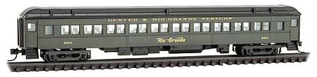 Micro Trains Line 14500390 N Scale Pullman Heavyweight B&O Plan 2882-B Paired-Window Coach - Ready to Run -- Denver & Rio Grande Western 980 (Pullman Green, black, Flying Grande Logo)